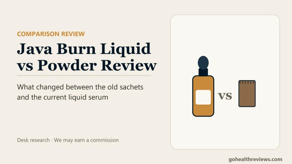 Java Burn Liquid vs Powder Review 2026: plain dropper bottle next to a sachet