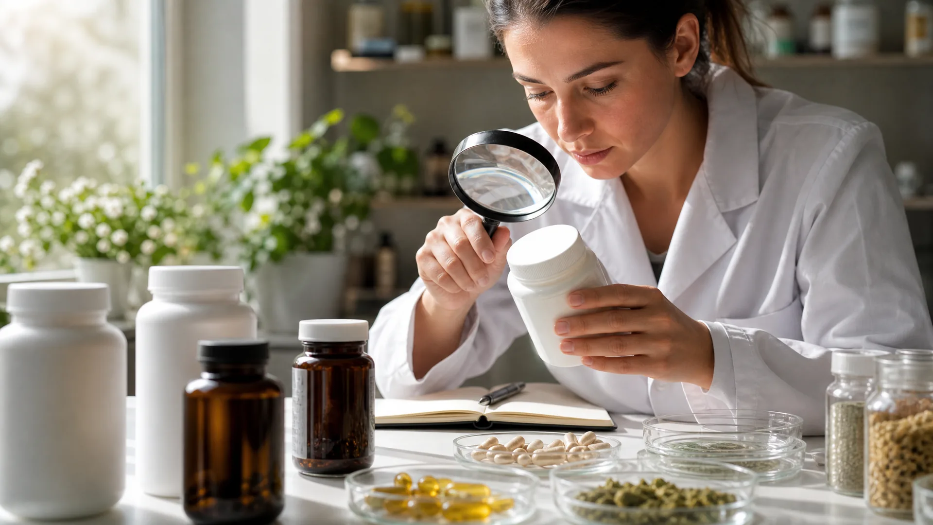 Researcher reviewing weight loss supplement labels and clinical studies